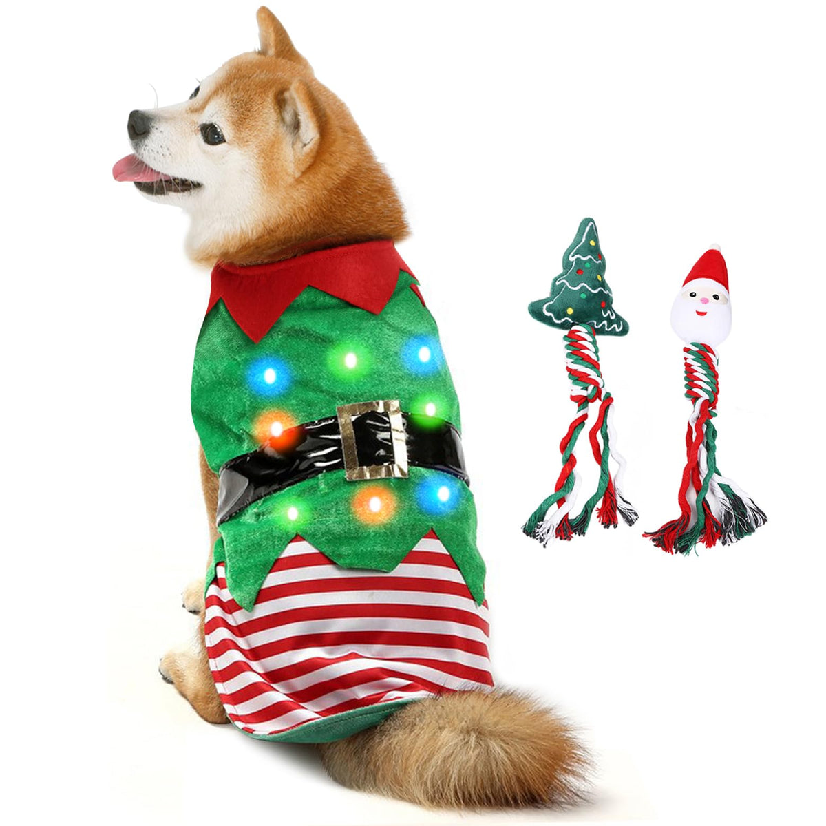 Christmas Dog Costume with LED String Lights & Rope Toy — Warm Crystal Velvet Outfit