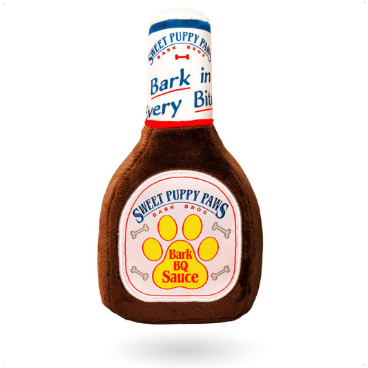 BBQ Sauce Bottle Squeaky Plush Dog Toy — Funny Novelty Gift for All Dog Sizes