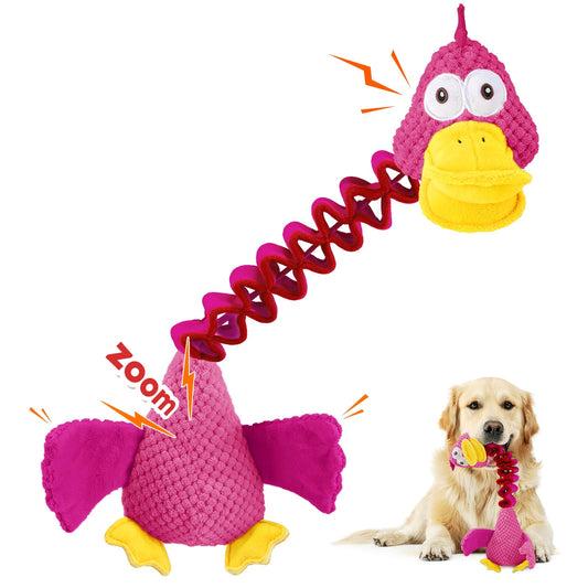 Pink Duck Retractable Squeaky Dog Toy — Stretchy Tug of War Toy