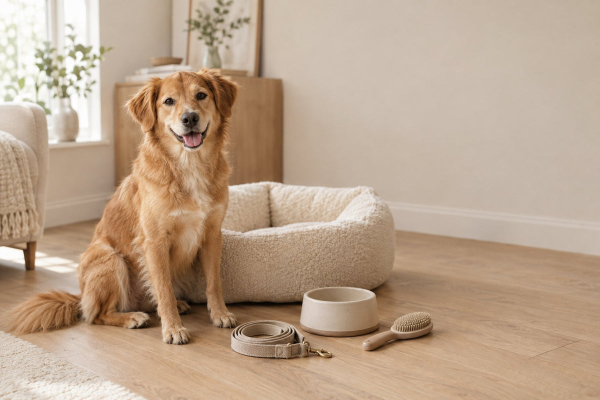 Happy golden dog sitting beside a cream boucle pet bed with leash, bowl and grooming brush in a bright minimalist living room