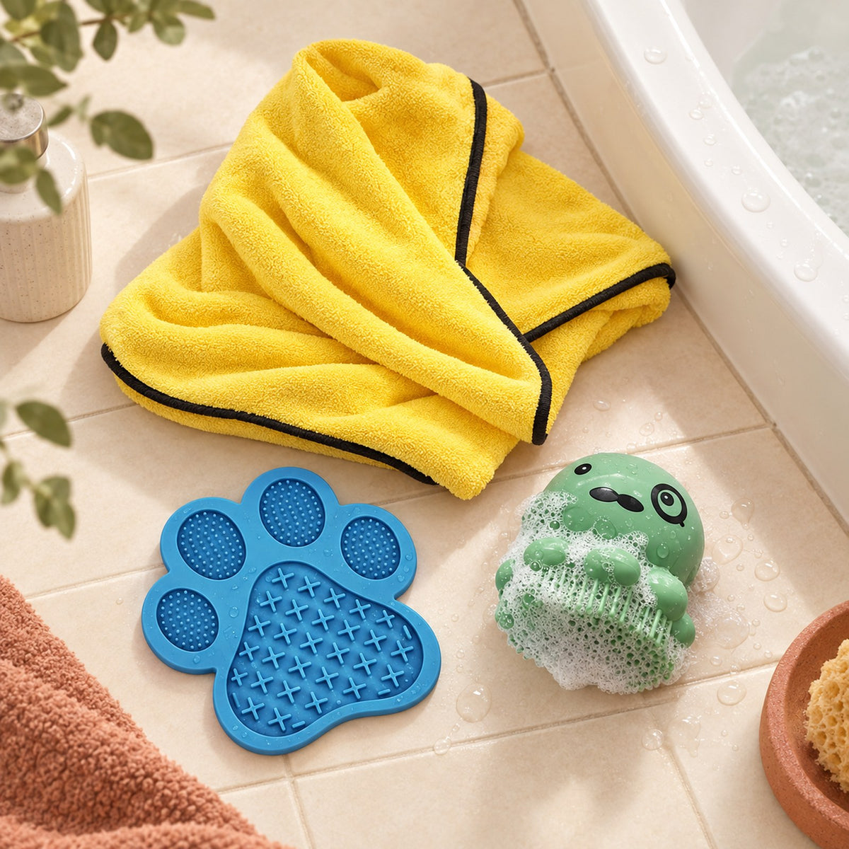Calm Bath Kit: lick pad, microfiber towel and bath brush