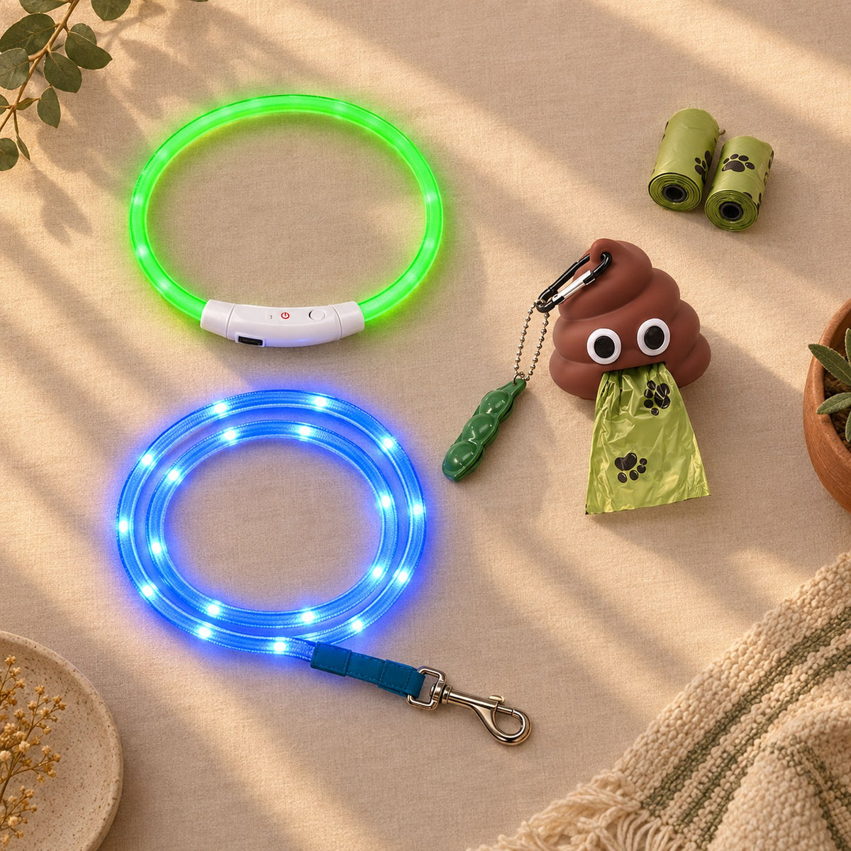 Night Walk Kit: LED collar, LED leash and bag dispenser